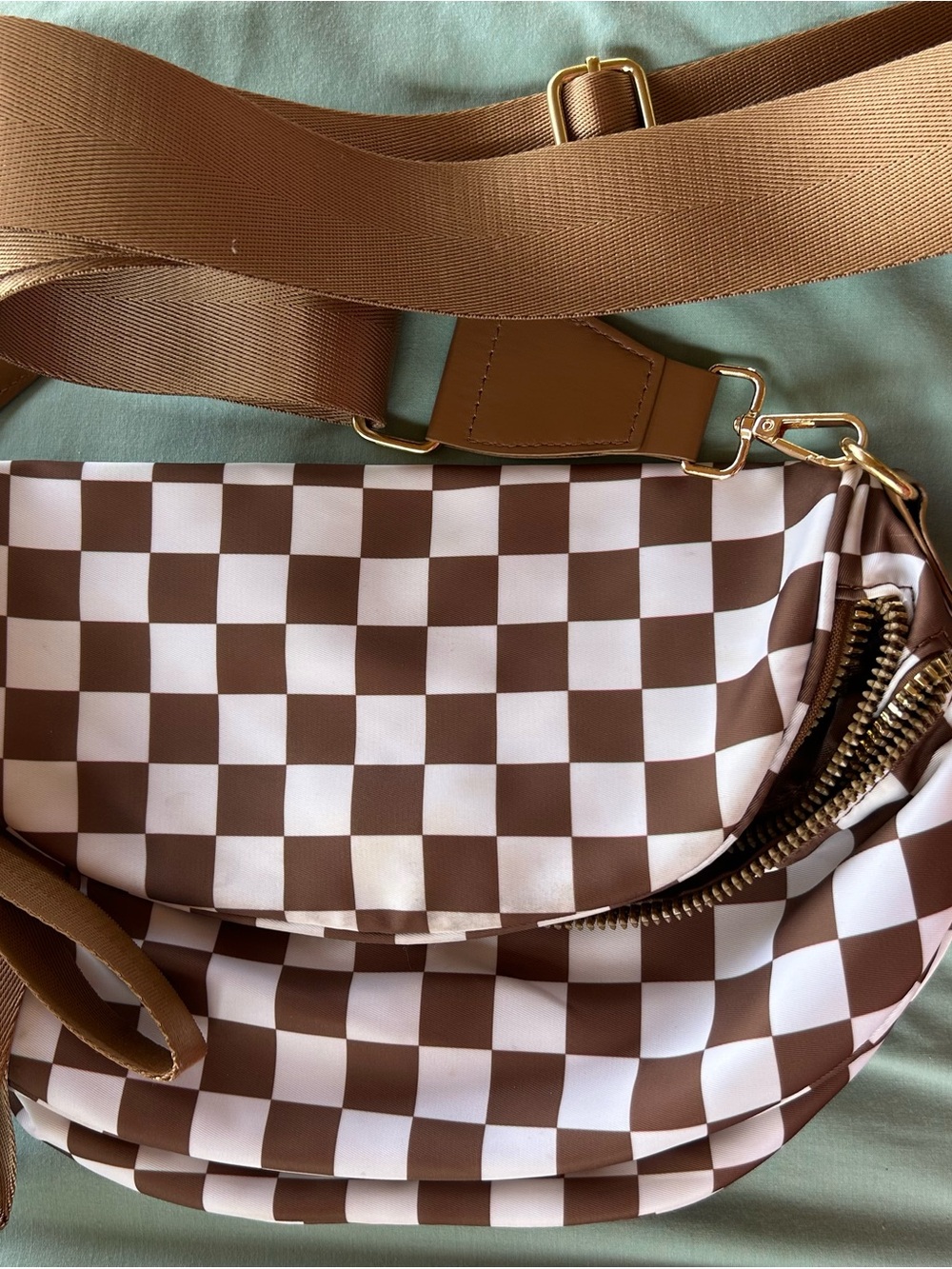 Brown & White Checkered Crossbody Bag - Casual Shoulder Sling